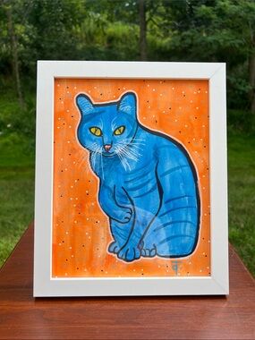 Andy Warhol Style Handpainted Blue Cat Pop Art Framed Watercolor Wall Art